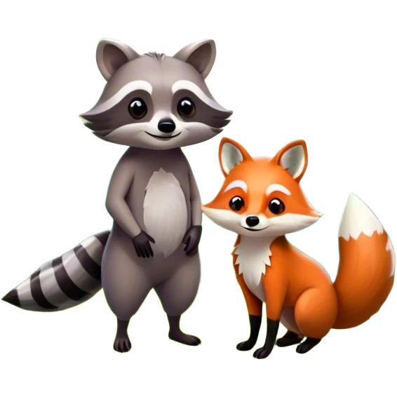 Collage of a raccoon and a fox, in close-up, set in a beautiful forest with tall trees, green bushes, and sunlight filtering through the leaves and flowers. A vibrant, wild atmosphere with a transparent background. emoji