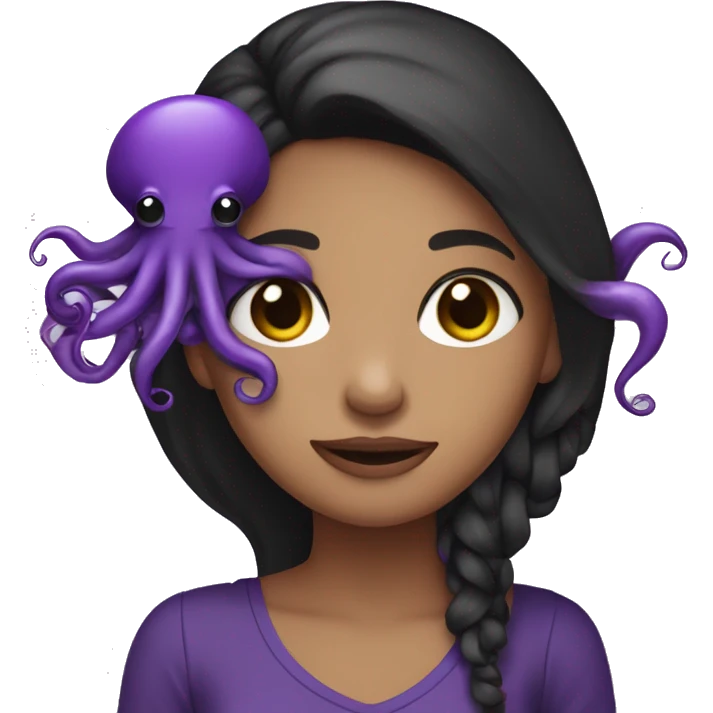 girl with longish very dark brown hair (semi-black) wearing an all-purple outfit, holding a purple octopus emoji