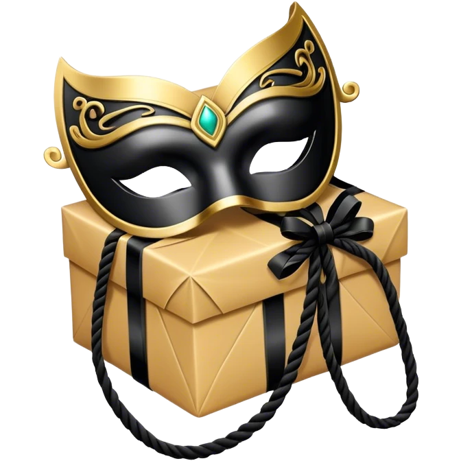Gift wrapped with black rope and venetian mask emoji