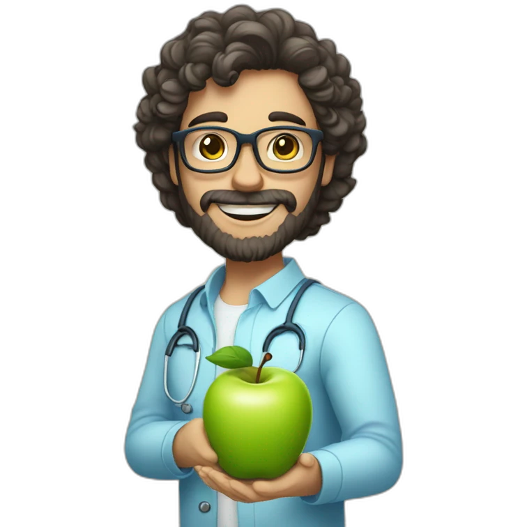 A male nutritionist with a full beard and dark, curly hair and white skin, wearing glasses, holding an apple in his hand. Who has a light blue shirt on. emoji