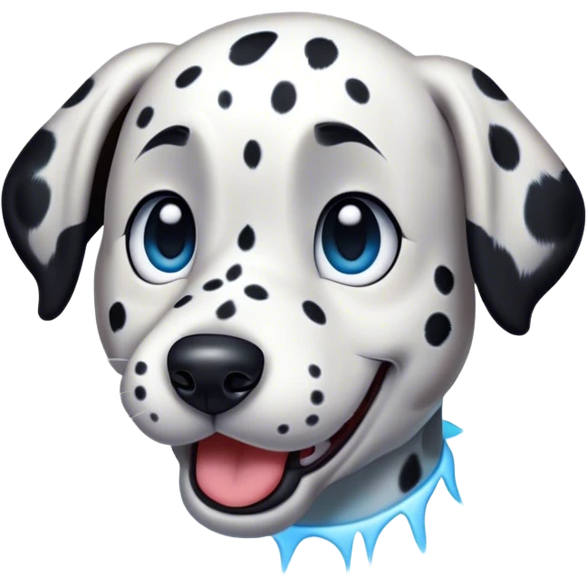 Cinematic Comical Spotted Dalmatian Portrait Emoji, Head tilted dramatically with an exaggeratedly shocked or amused expression, featuring a striking Fur of predominantly white with vivid black patches, wide, expressive blue eyes filled with playful disbelief, Simplified yet hilariously expressive features, highly detailed, glowing with a slightly sassy glow, high shine, dramatic yet playful, stylized with an air of cheeky charm, bright and endearing, soft glowing outline, capturing the essence of a spirited and over-the-top guardian, so meme-worthy it feels like it could side-eye its way into internet fame instantly! emoji