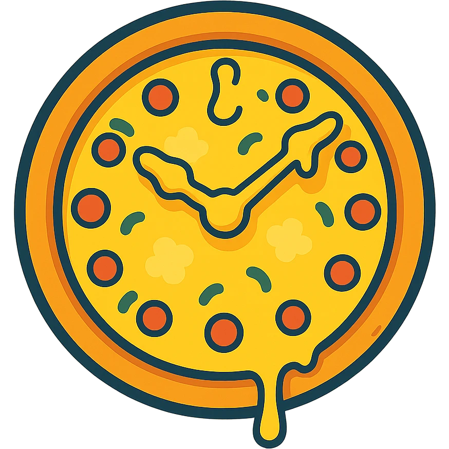 a pizza clock with melted cheese forming the clock hands, whimsical style emoji