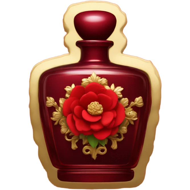 Dark red ornate perfume bottle with red camellias and golden accents emoji