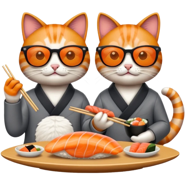 two stylish cats in sunglasses, eating sushi together, emoji style emoji