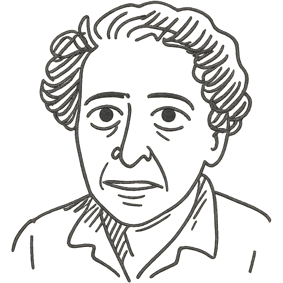 a hand drawn black outline portrait of Hannah Arendt with similar size eyes based a famous photograph of her emoji