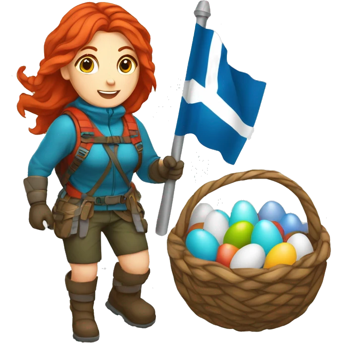 Female winter mountaineer red hair white skin climbing with Greek Flag and Easter eggs basket emoji