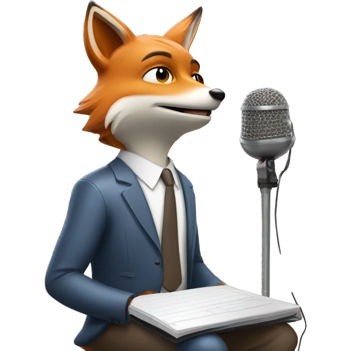 Anthropomorphic fox journalist in casual dress interviewing with mic emoji