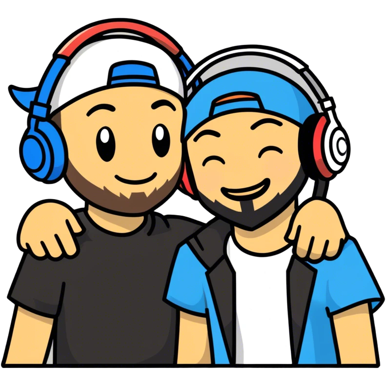Hot handsomeb muscular 6ft tall smiling happy clean shaven ash ketchum being a  dj and his music rocks while kissing a bearded friend emoji