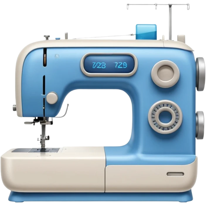 Emoji of a modern sewing machine inspired by a Brother machine. Soft, rounded shapes in the style of Apple emojis, with subtle gradients and soft shadows. White body with light gray details, a blue thread spool on top, a small digital screen and a round dial. emoji