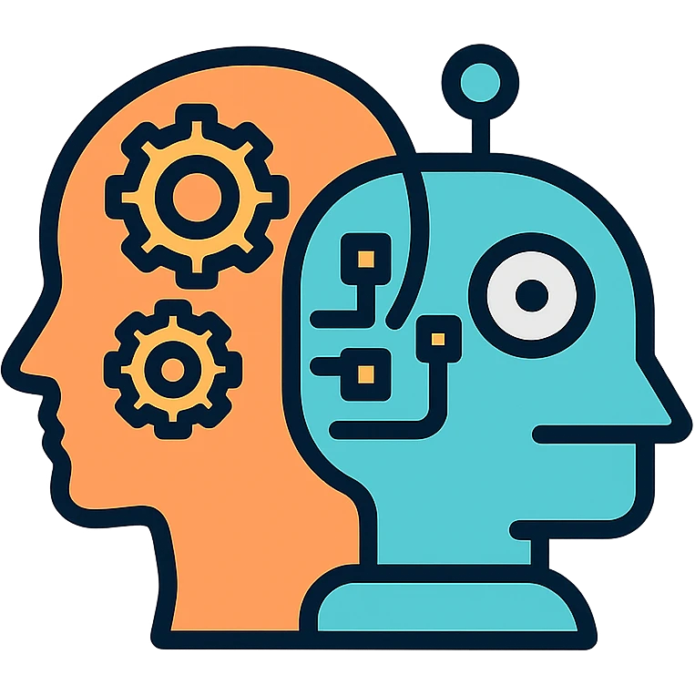 icon with two overlapping silhouettes one of a human head with gears representing strategy and the other of a robot head with digital elements representing AI showing their connection in a modern outlined style emoji