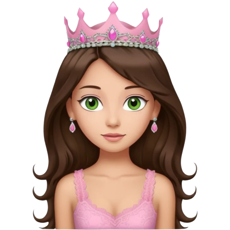 super long haired brunette with middle part cute pink lacy tank with a pink tiara on head, white but tan green eyes  emoji