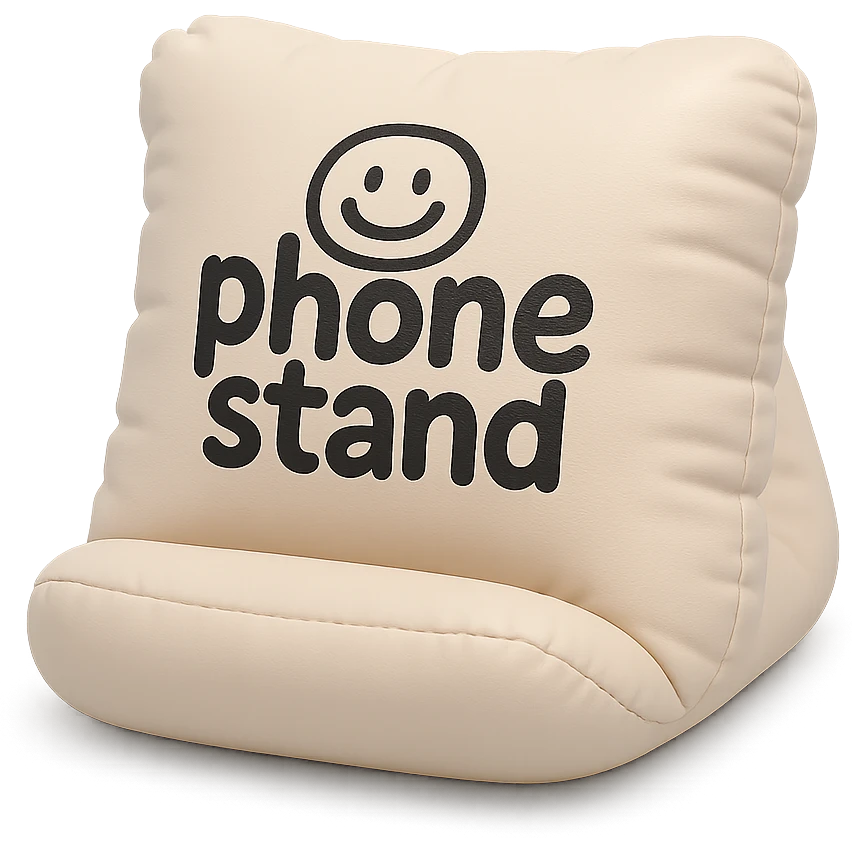 cute hand-drawn logo on a soft cushion-shaped phone stand, playful branding gadget emoji