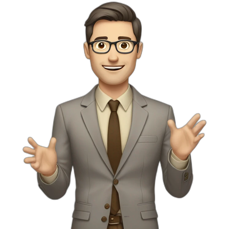 To belt Actively gesturing with hands Okay Pale skinned fit man with dark brown hair in gray jacket, beige office shirt, brown tie, brown pants and vintage glasses. emoji
