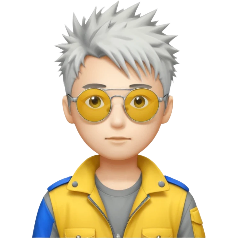 A japanese guy with white messy spiky hair circle sunglasses wearing a uniform gray and a yellow button on the top right of the uniform gray pants emoji