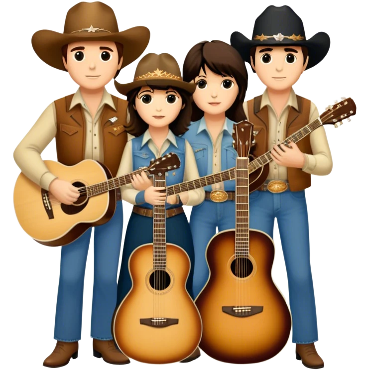 Icon for Country Music: A collage featuring Eagles as a band, Ricky Nelson, and Linda Ronstadt. Acoustic guitars, banjo, cowboy hats and a vintage Americana aesthetic evoke the spirit of classic country and country rock. Warm earthy tones. Transparent background. emoji