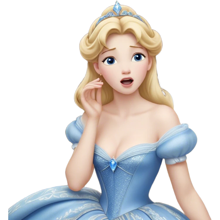 Cinematic Realistic Yawning Cinderella Portrait, showcasing lifelike porcelain skin and intricately detailed golden-blonde hair styled flawlessly as she mid-yawn reveals a moment of tender vulnerability. Her half-closed blue eyes and relaxed expression are rendered with natural, soft lighting that emphasizes the subtle textures of her face and the detailed, flowing fabric of her iconic gown. The scene glows with a cozy, authentic warmth that captures a rare, intimate moment of repose. emoji
