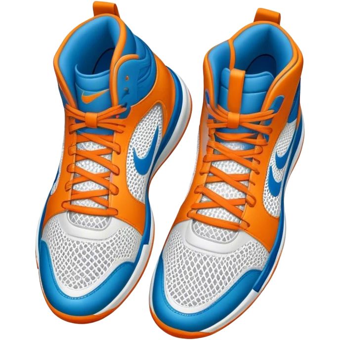 Cinematic Realistic image of a pair of basketball sneakers featuring detailed mesh and leather textures, vibrant color accents and dynamic design lines, illuminated by bold, high-energy arena lighting emoji