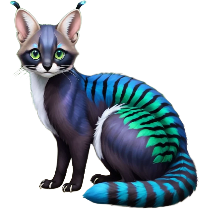 Colorful dark tropical cobalt-blue, black, white fur, with green eyes, iridescent glorious divine exotic cute cool beautiful shiny beautiful fantasy-caracal-civet-genet-sergal-vernid-Cacomistle-Furret-civet-oncilla-animal-Fakémon-hybrid-fursona with pattern markings (full body) emoji