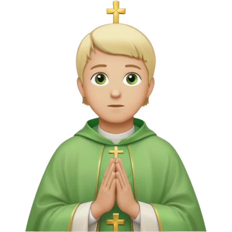 a priest, green eyes, blonde hair, light green chasuble. opening arms, gazing thoughtfully. Soft light, subtle fern. Waist-up, profile. emoji