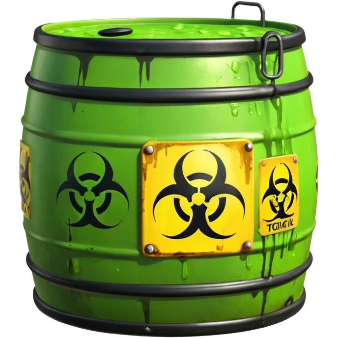 3D render of Biohazard Barrel, toxic waste aesthetic, neon green bubbling liquid, caution yellow metal, industrial warning texture, Apple emoji style, isolated on white background --v 6.0 emoji