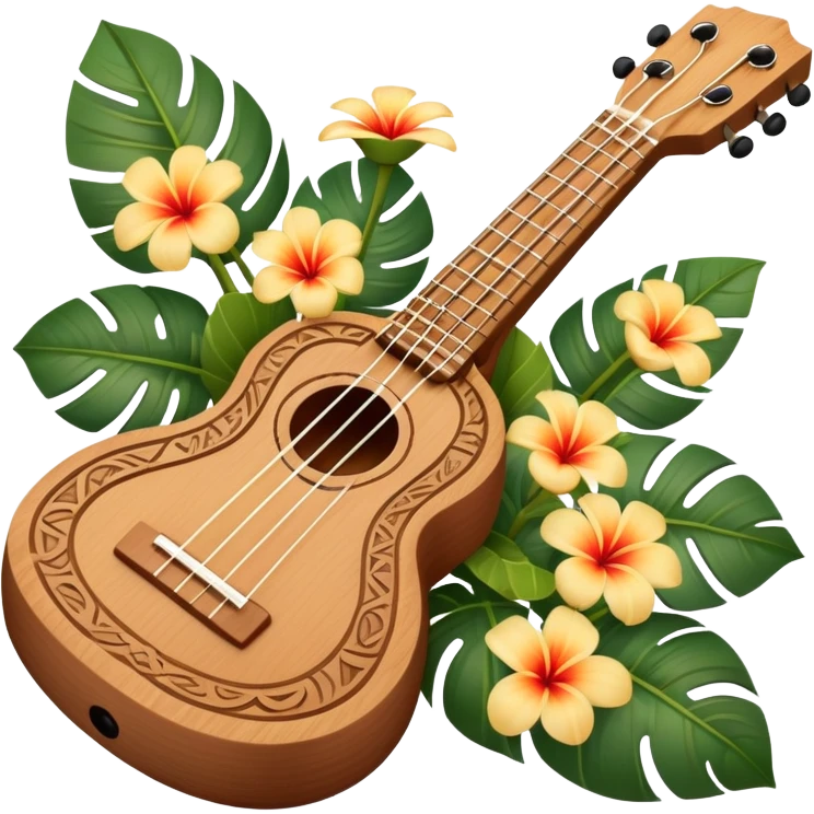 Ukulele with Polynesian carvings with flowers behind it emoji