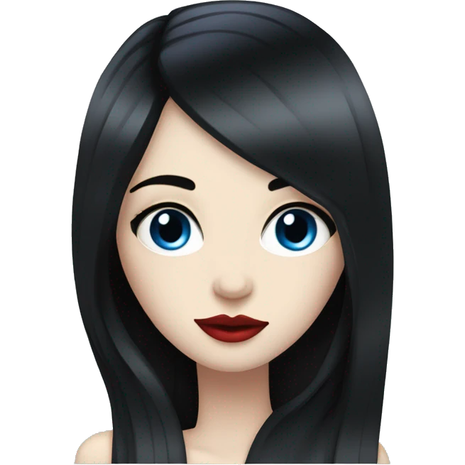 A girl with pale skin, long straight black hair, blue eyes with long eyelashes, red lips emoji