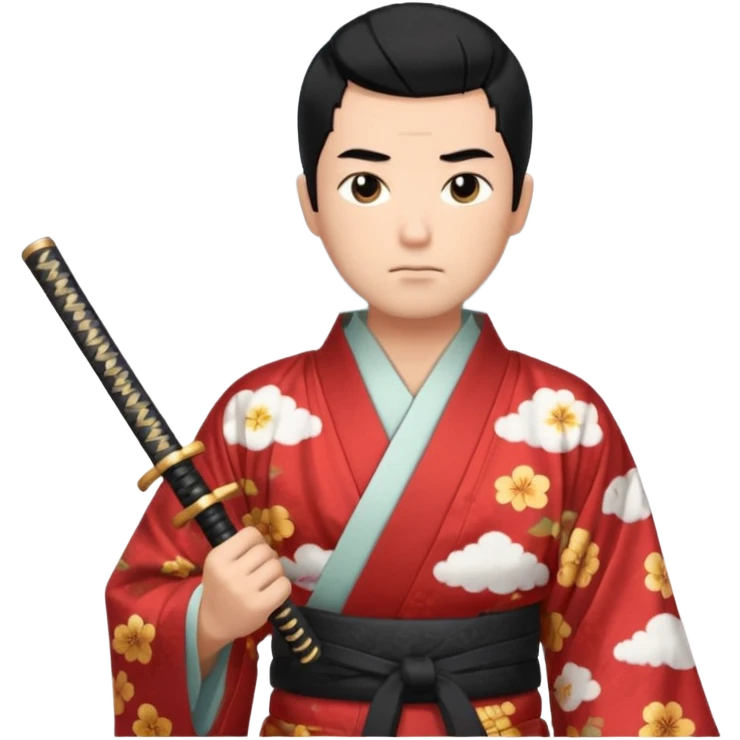  man with black hair and a fade in a kimono with cloud print holding katana emoji