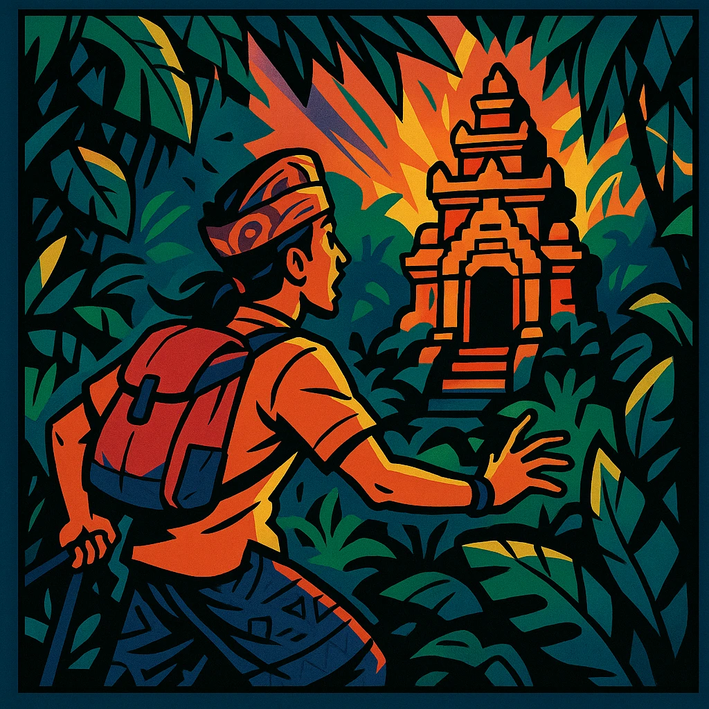 comic book panel of a Bali nomad discovering a hidden jungle temple, dramatic lighting, bold comic lines, energetic pose, lush tropical foliage, vibrant colors emoji