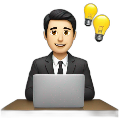 A white man with black hair working on a laptop with a lightbulb above his head emoji