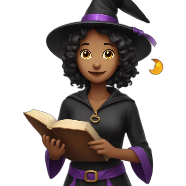 a girl in a witch costume holding a book of magic. emoji