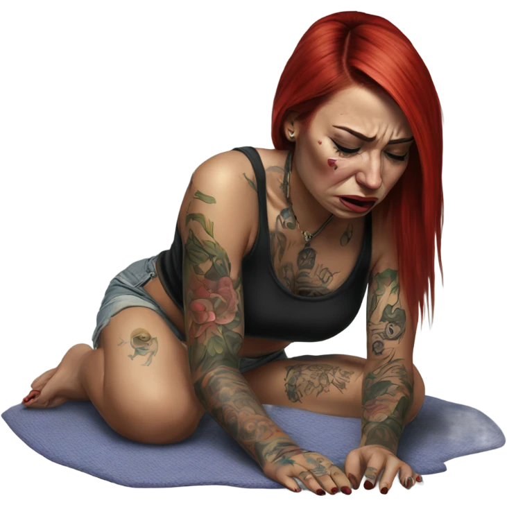 Hyper Realistic Beautiful tattooed woman crying sadly on the floor  emoji