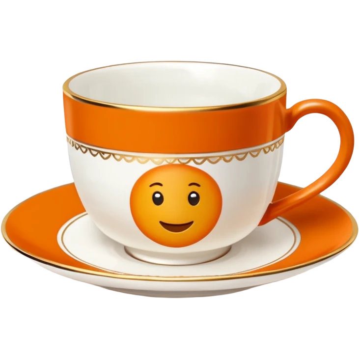 Hermès-style teacup with saucer, Hermès orange, gold trim, luxury, cute emoji style emoji