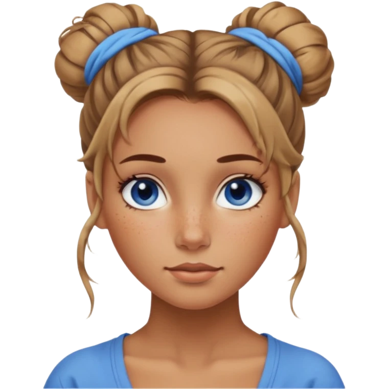 Attractive Woman with tan skin, wide face, freckles, messy bun hairstyle, and blue eyes emoji