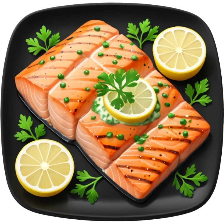 Grilled Salmon With Lemon Butter on a black plate emoji