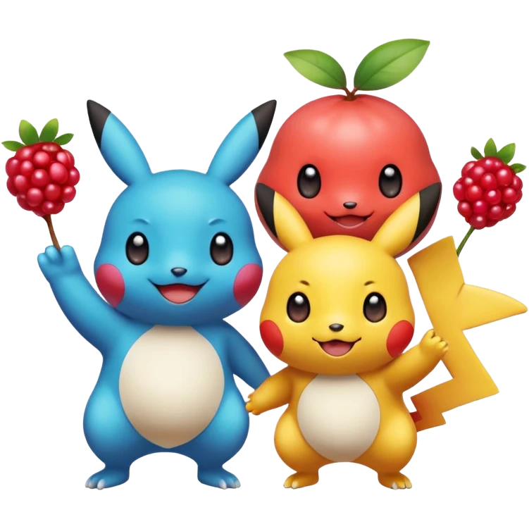 Three Pokémon characters showing kindness and teamwork. One Pokémon is handing a berry to another, while the third Pokémon is cheering and clapping happily. They look joyful and friendly, standing close together in a bright, colorful cartoon scene. The style is cute, playful, and emoji-like. emoji