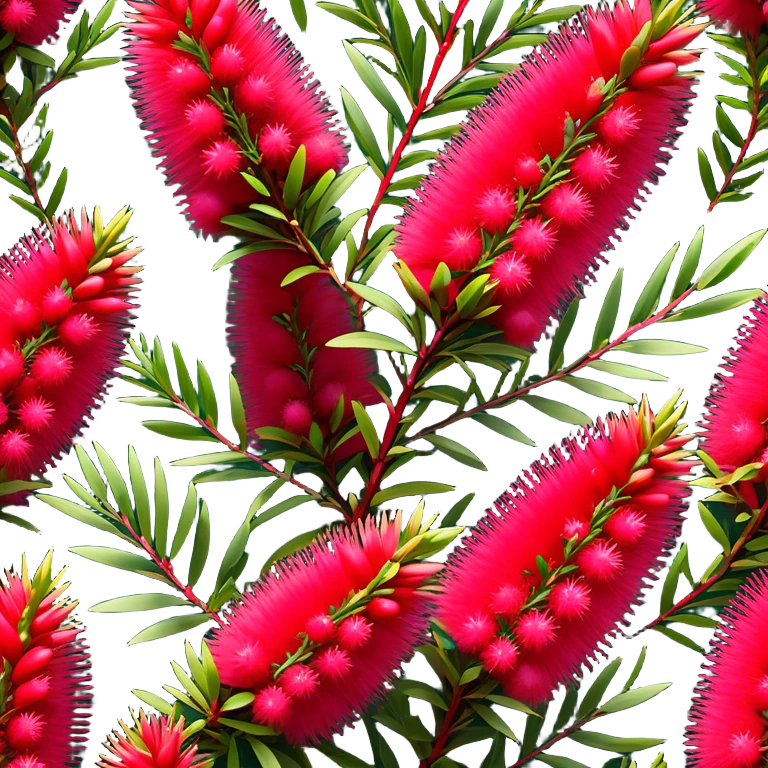Cinematic Realistic Callistemon Emoji, Vibrant and striking, with spiky red flowers resembling a bottlebrush. The slender leaves create a fine backdrop to the bold blooms, while the plant exudes energy and vitality. Soft glowing outline, capturing the essence of strength, color, and natural beauty in a brilliant callistemon tree! emoji