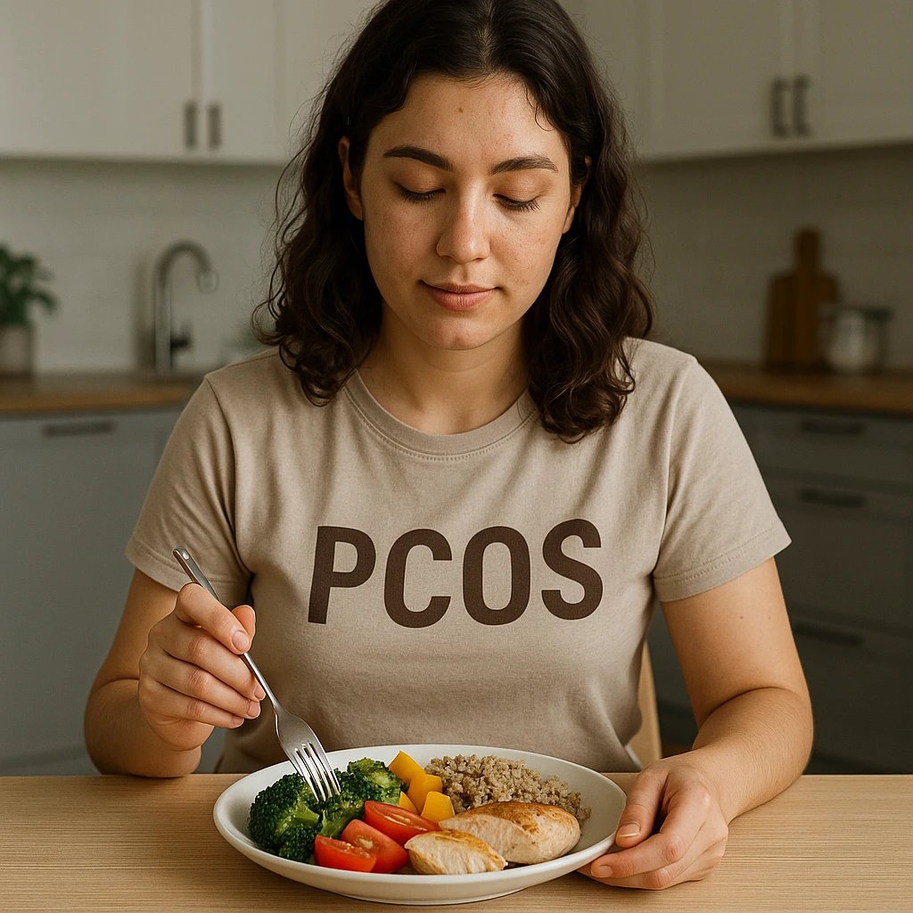 young woman with PCOS sitting at a table, eating a colorful plate of vegetables, whole grains, and lean proteins, serene atmosphere, realistic details, modern kitchen background emoji