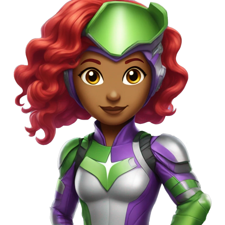 dc comics starfire red hair; purple silver spacesuit; eyes green emoji