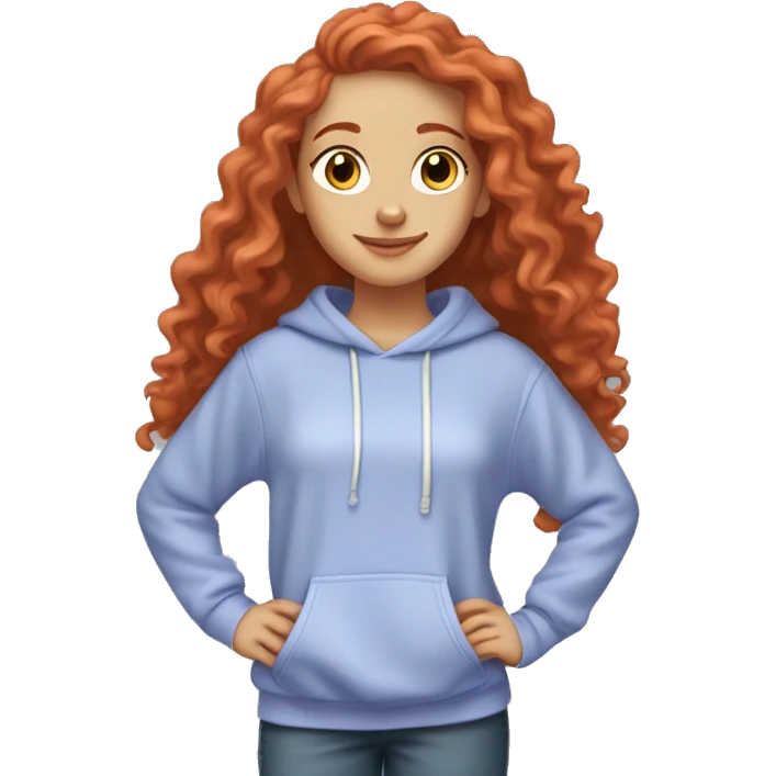a white girl with long red curly hair, wearing a pastel periwinkle hoodie doing a pose emoji