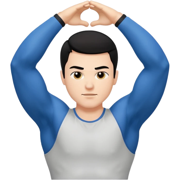 Hombre blanco pelinegro haciendo ejercicio de estiramiento de brazos emoji