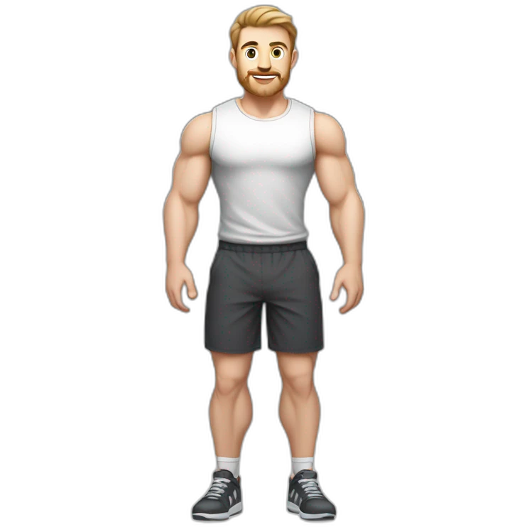 Full height Pale skinned fit man With biceps, Realistic eyes and mouth, light brown hair and stubble In dark gray sleeveless mike, black oversize sports shorts, watch and white sneakers. emoji