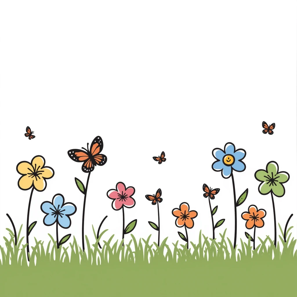 spring theme with blooming flowers, green grass, butterflies, and sunshine in pastel colors dd9fb0, ffc6d3, a3bfc9, c4bee2, f1b091, detailed hand-drawn doodle style emoji