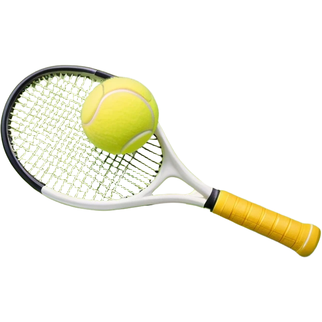 A tennis racket with a bright yellow tennis ball resting on it, set against the backdrop of a well-maintained tennis court. The scene emphasizes the smooth lines of the court and the focus on the ball and racket, symbolizing the elegance and precision of the sport emoji