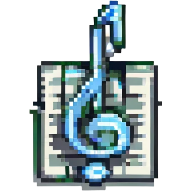 A pixel art style business card with a black background and pink text, featuring a pixelated music note icon. emoji