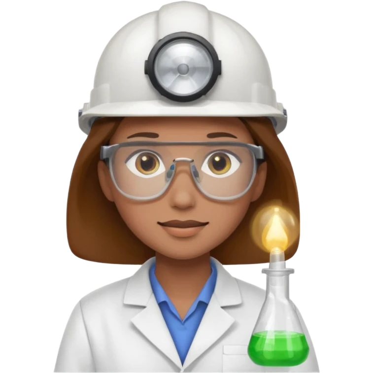 Ingeniera quimica con delantal, casco de seguridad y gafas de seguridad, castaña de ojos claros emoji