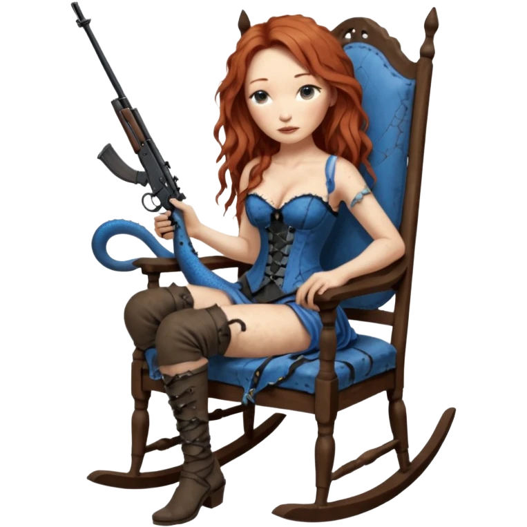 realistic cinematic Tori Amos sits on a rocking chair in a torn corset, holding an antique rifle and her bare feet are muddy. A blue snake is wrapped around the chair. emoji