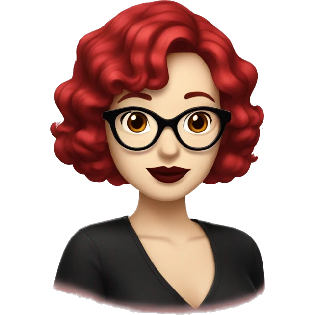 Woman with red wavy bobcut and black cateye glasses, pale skin and red lipstic emoji
