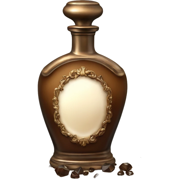 Antique parfumerie bottle with oil, made of bronze and brown crystals, white cream and coffee milk pour from the bottle emoji