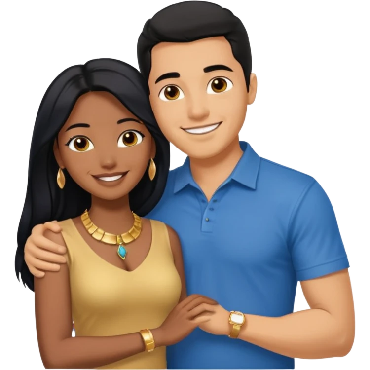 smiling embracing interracial couple from waist up. ebony woman with long hair and jewelry. brazillian man short hair wearing blue. emoji