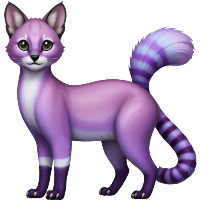 Colorful dark tropical pastel-lilac-lavender-violet iridescent pastel white glorious divine exotic cute cool beautiful shiny beautiful fantasy-caracal-civet-genet-sergal-vernid-Cacomistle-oncilla-animal-Fakémon-hybrid-fursona (full body) emoji
